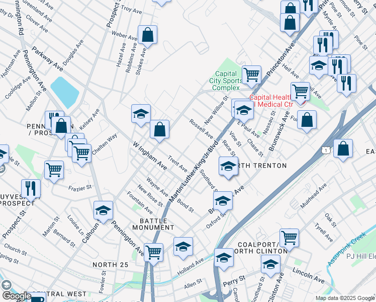 map of restaurants, bars, coffee shops, grocery stores, and more near 890 Southard Street in Trenton