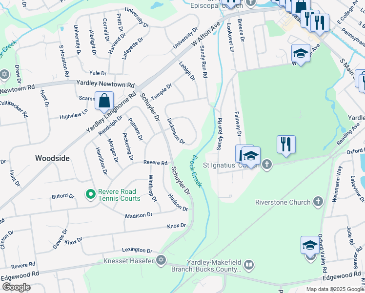 map of restaurants, bars, coffee shops, grocery stores, and more near 1208 Dickinson Drive in Yardley