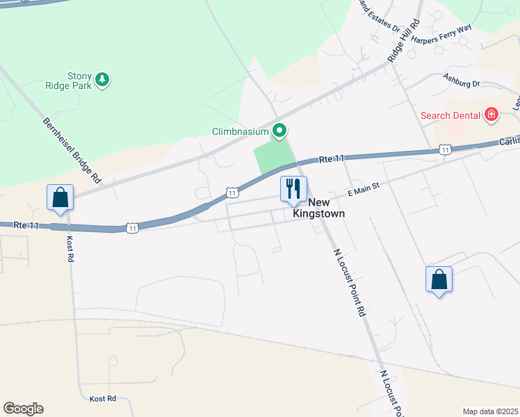 map of restaurants, bars, coffee shops, grocery stores, and more near 52 West Main Street in New Kingstown