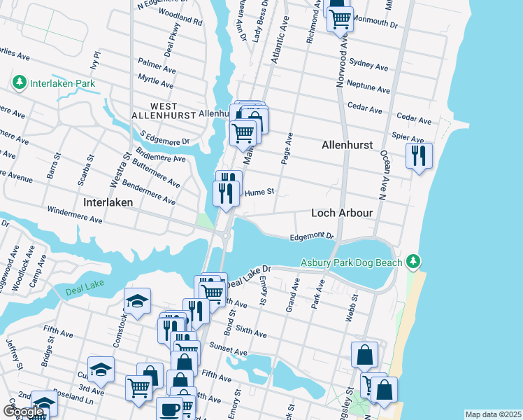 map of restaurants, bars, coffee shops, grocery stores, and more near 405 Euclid Avenue in Allenhurst