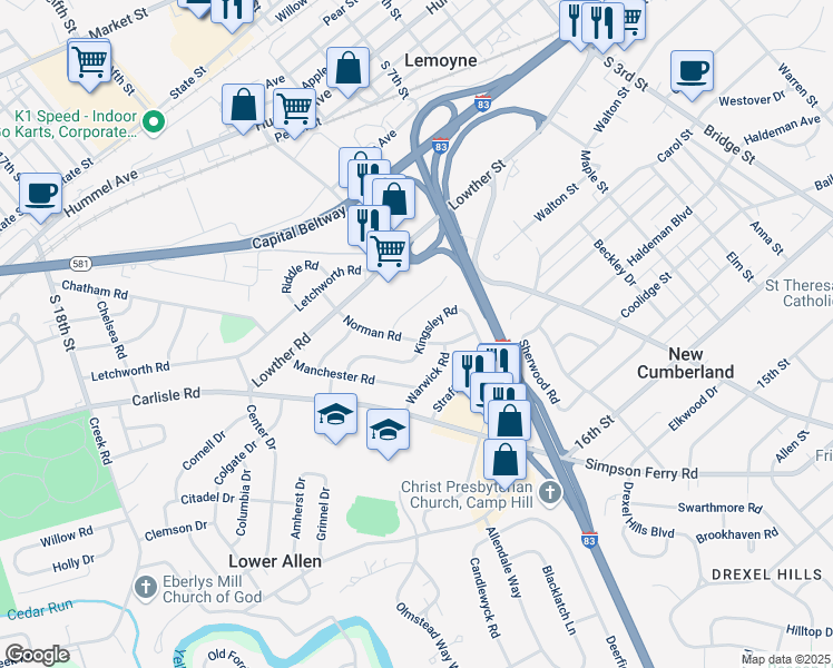 map of restaurants, bars, coffee shops, grocery stores, and more near 400 Norman Road in Camp Hill