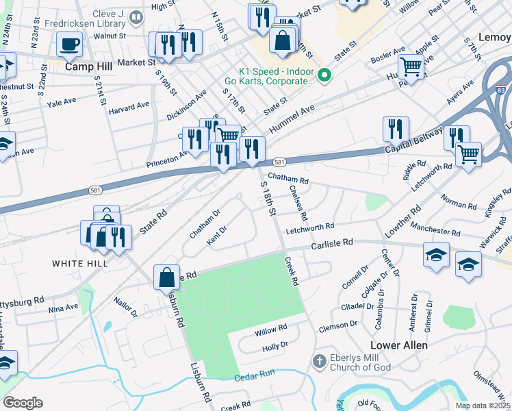 map of restaurants, bars, coffee shops, grocery stores, and more near 1804 Kent Dr in Camp Hill