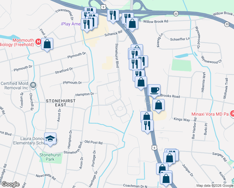 map of restaurants, bars, coffee shops, grocery stores, and more near 63 Stonehurst Boulevard in Freehold