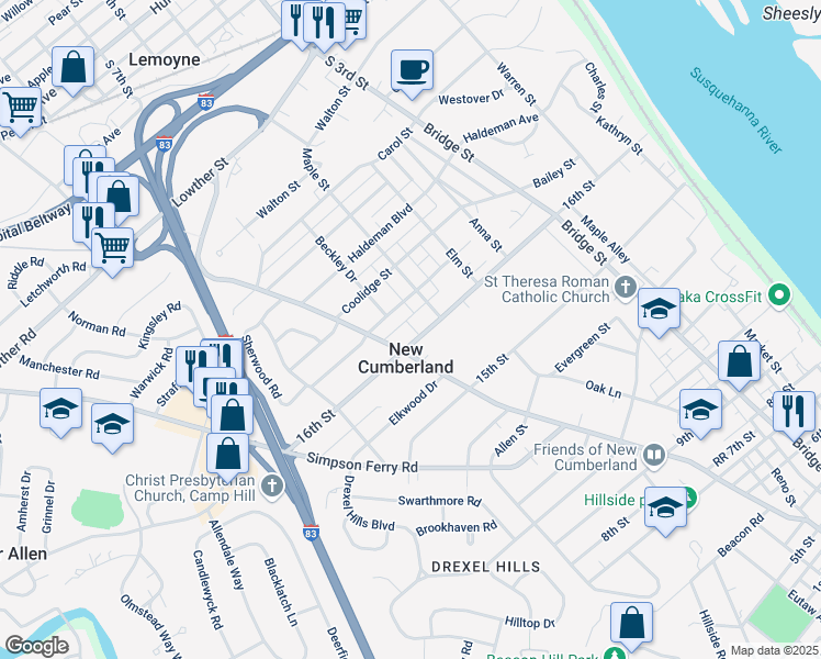 map of restaurants, bars, coffee shops, grocery stores, and more near in New Cumberland