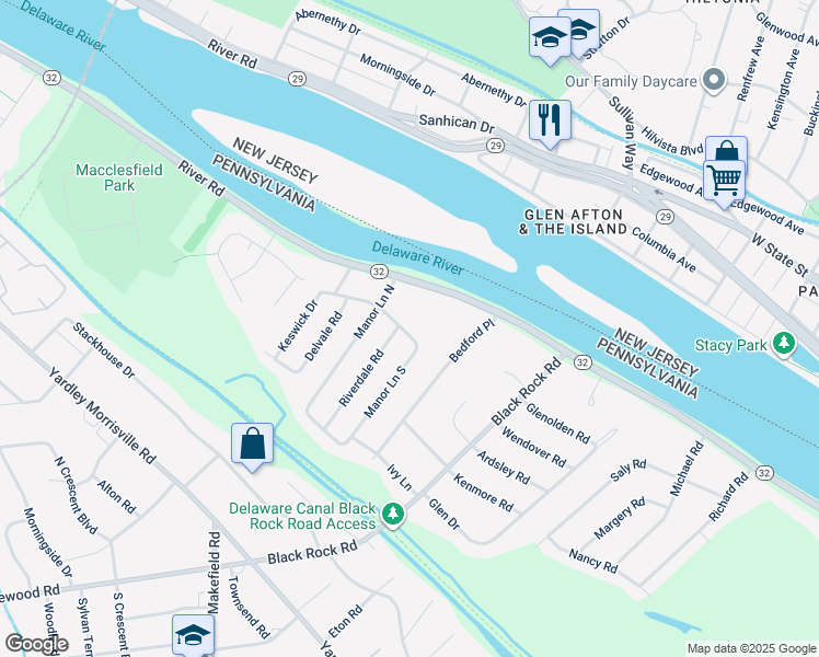 map of restaurants, bars, coffee shops, grocery stores, and more near 68 Manor Lane South in Yardley