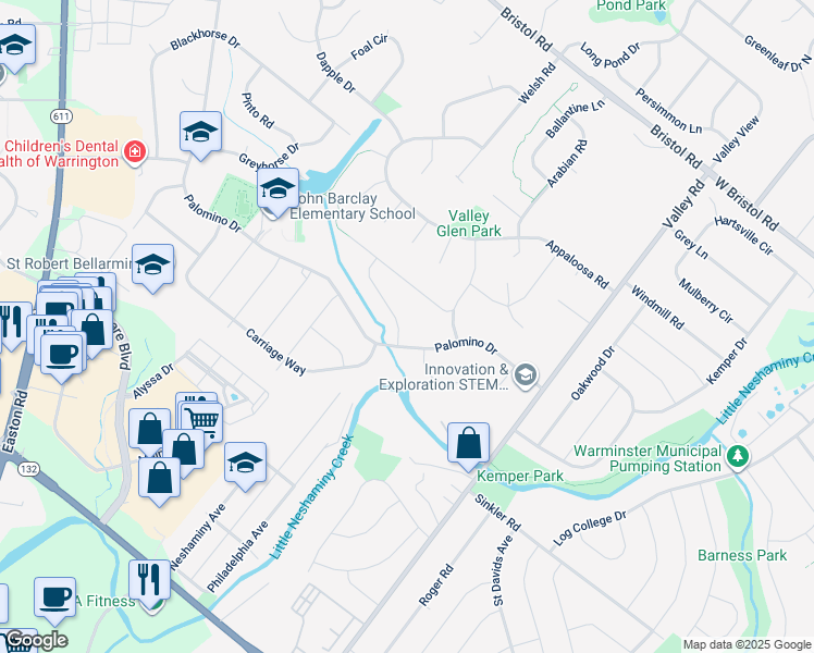 map of restaurants, bars, coffee shops, grocery stores, and more near 1805 Roan Drive in Warrington