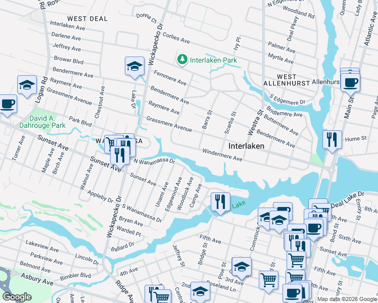map of restaurants, bars, coffee shops, grocery stores, and more near 610 Windermere Avenue in Interlaken