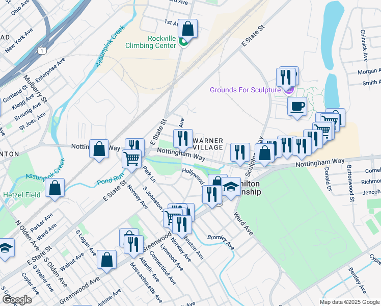 map of restaurants, bars, coffee shops, grocery stores, and more near 1310 Nottingham Way in Hamilton Township