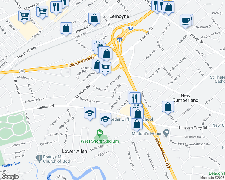 map of restaurants, bars, coffee shops, grocery stores, and more near 306 Norman Road in Camp Hill