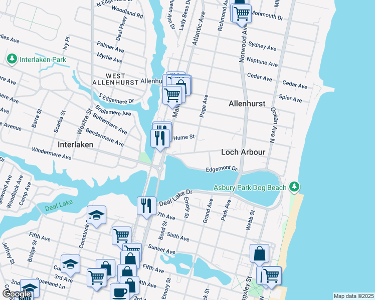 map of restaurants, bars, coffee shops, grocery stores, and more near 405 Euclid Avenue in Allenhurst