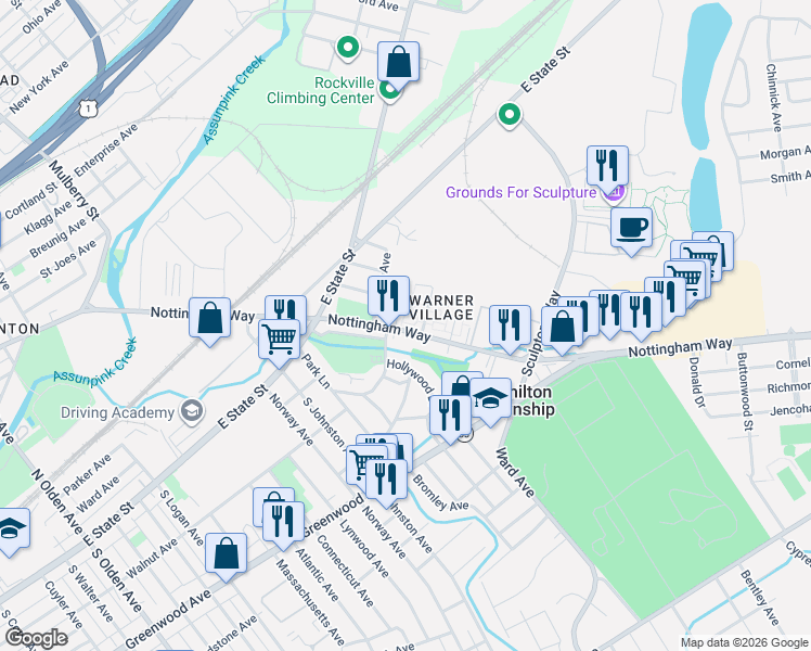 map of restaurants, bars, coffee shops, grocery stores, and more near 1310 Nottingham Way in Trenton