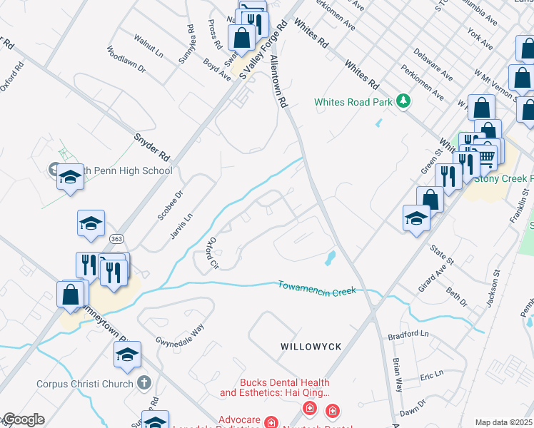 map of restaurants, bars, coffee shops, grocery stores, and more near 1152 Bloomfield Circle in Lansdale