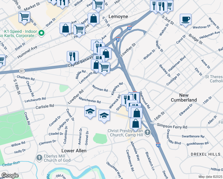 map of restaurants, bars, coffee shops, grocery stores, and more near 306 Norman Road in Camp Hill