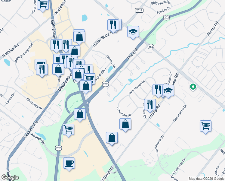 map of restaurants, bars, coffee shops, grocery stores, and more near 205 Anthony Court in North Wales
