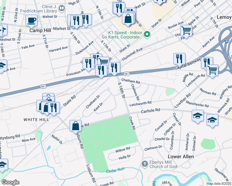 map of restaurants, bars, coffee shops, grocery stores, and more near 1804 Kent Dr in Camp Hill