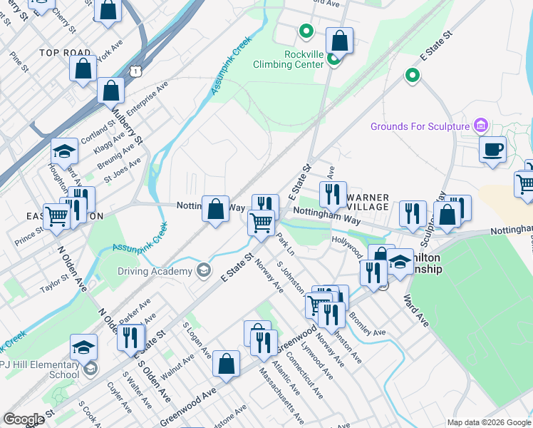 map of restaurants, bars, coffee shops, grocery stores, and more near 1121 Nottingham Way in Hamilton Township