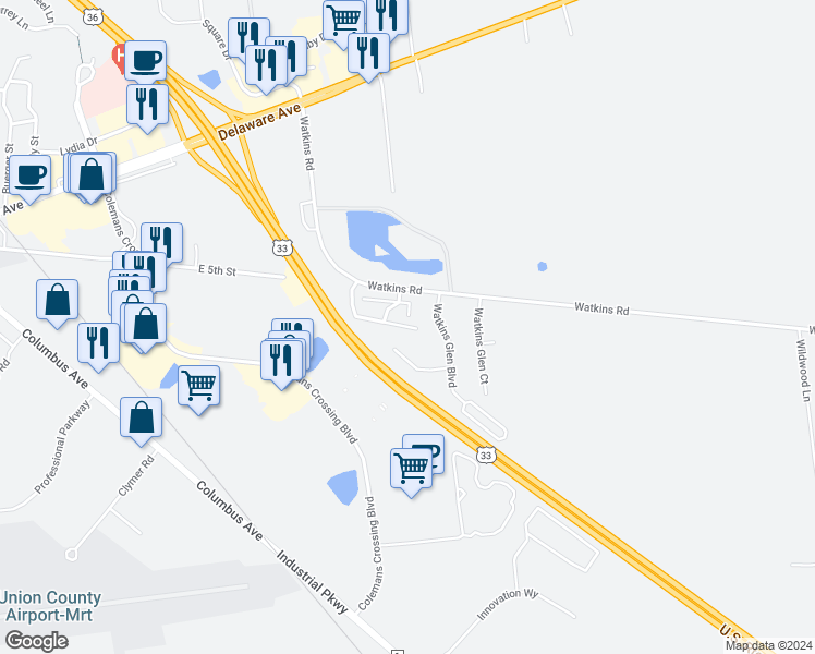 map of restaurants, bars, coffee shops, grocery stores, and more near 402 Bridgewater Drive in Marysville