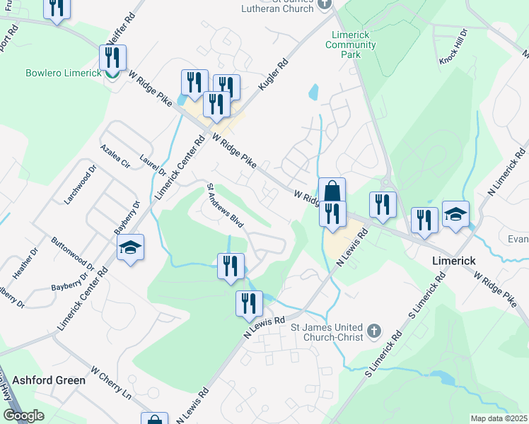 map of restaurants, bars, coffee shops, grocery stores, and more near 2403 Hunsberger Drive in Royersford