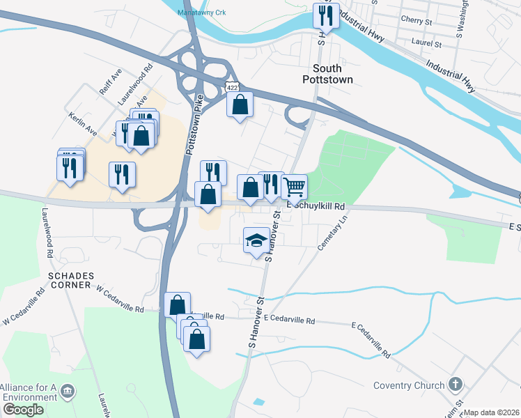 map of restaurants, bars, coffee shops, grocery stores, and more near 92 West Schuylkill Road in Pottstown
