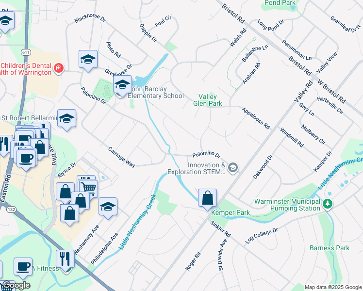 map of restaurants, bars, coffee shops, grocery stores, and more near 1805 Roan Drive in Warrington