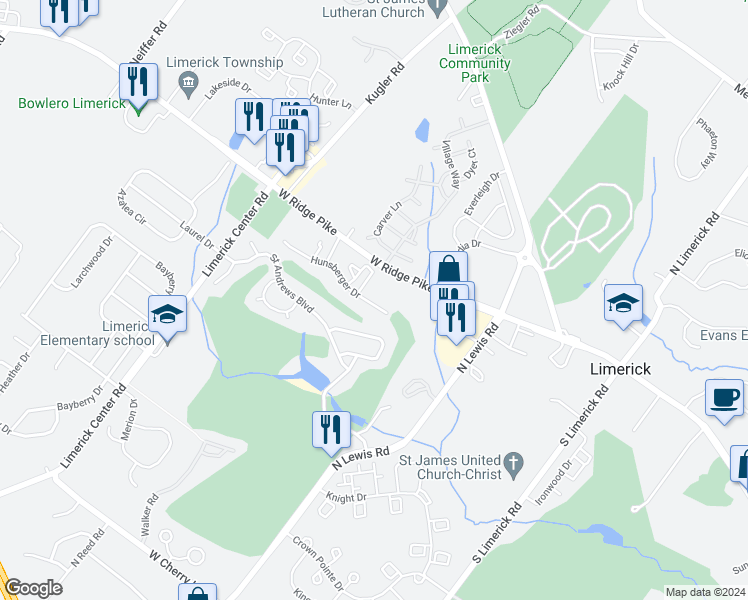 map of restaurants, bars, coffee shops, grocery stores, and more near 2506 Hunsberger Drive in Royersford