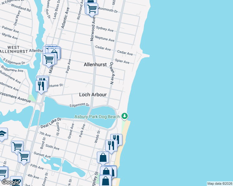 map of restaurants, bars, coffee shops, grocery stores, and more near 111 Euclid Avenue in Allenhurst