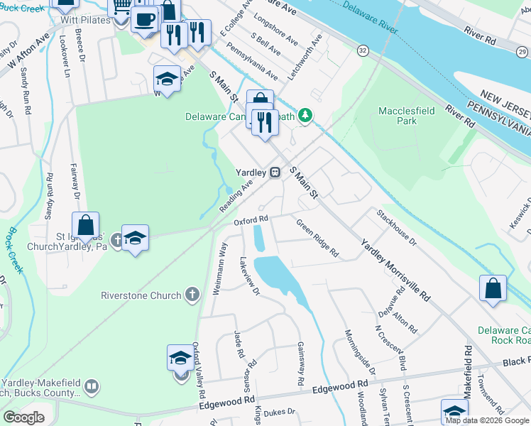 map of restaurants, bars, coffee shops, grocery stores, and more near 112 Lantern Court in Yardley
