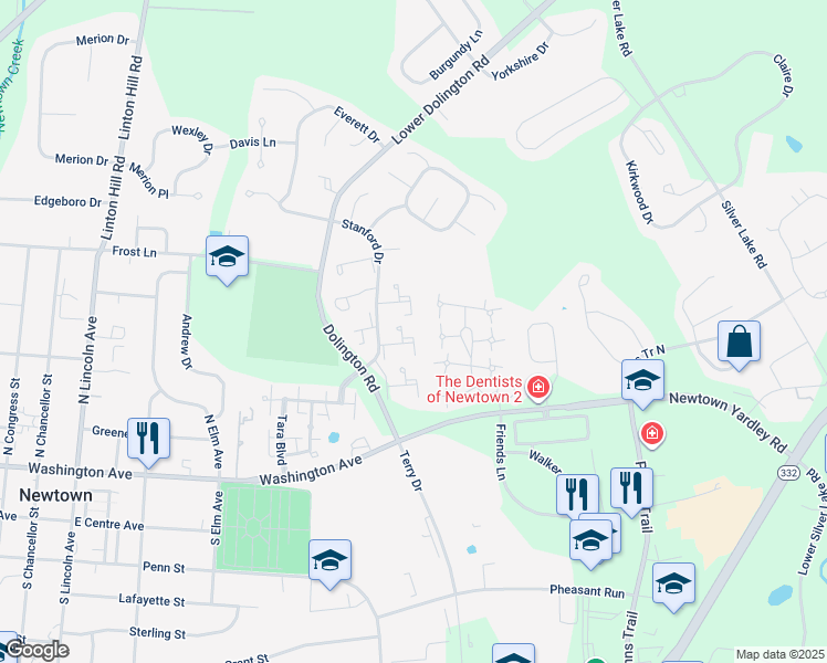 map of restaurants, bars, coffee shops, grocery stores, and more near 351 Milford Court in Newtown