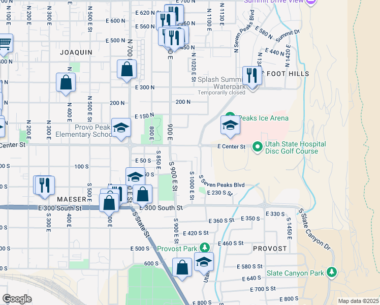 map of restaurants, bars, coffee shops, grocery stores, and more near 975 East 50 South in Provo