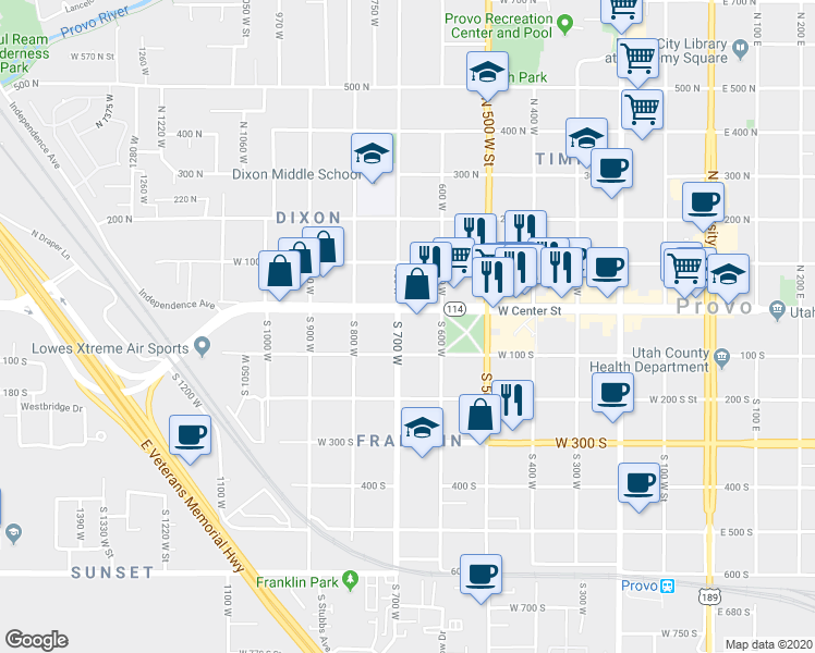 map of restaurants, bars, coffee shops, grocery stores, and more near 31 South 700 West in Provo