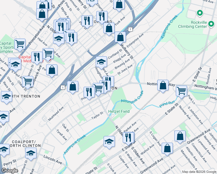 map of restaurants, bars, coffee shops, grocery stores, and more near 26 Sherman Avenue in Trenton
