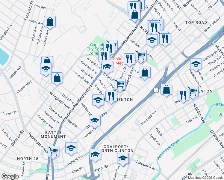 map of restaurants, bars, coffee shops, grocery stores, and more near 11 Chase Street in Trenton
