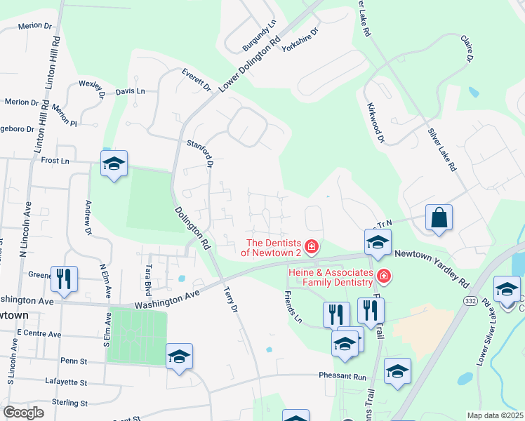 map of restaurants, bars, coffee shops, grocery stores, and more near 1 Farmington Place in Newtown