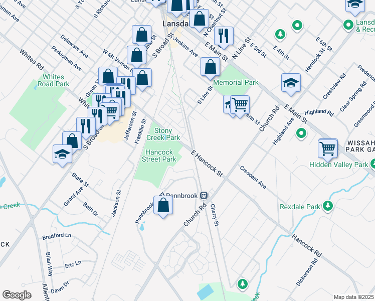 map of restaurants, bars, coffee shops, grocery stores, and more near 380 East Hancock Street in Lansdale
