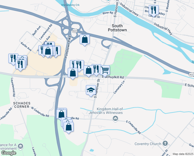 map of restaurants, bars, coffee shops, grocery stores, and more near 730 South Hanover Street in Pottstown