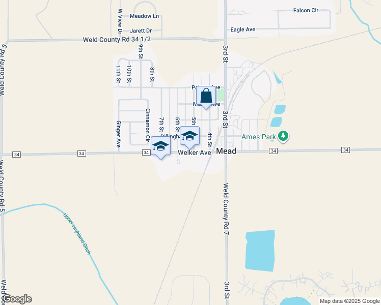 map of restaurants, bars, coffee shops, grocery stores, and more near 520 Welker Avenue in Mead