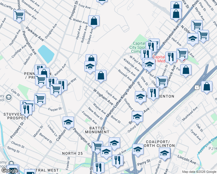 map of restaurants, bars, coffee shops, grocery stores, and more near 945 Southard Street in Trenton