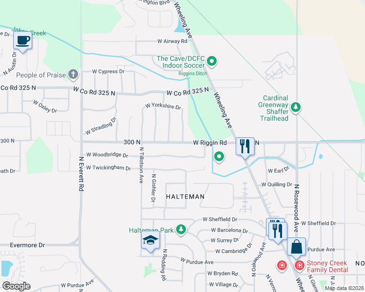 map of restaurants, bars, coffee shops, grocery stores, and more near 2601 West Riggin Road in Muncie