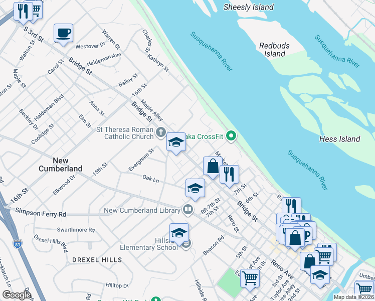 map of restaurants, bars, coffee shops, grocery stores, and more near 1117 Bridge Street in New Cumberland
