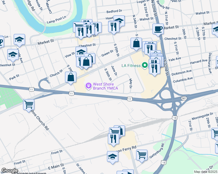 map of restaurants, bars, coffee shops, grocery stores, and more near 3605 March Drive in Camp Hill
