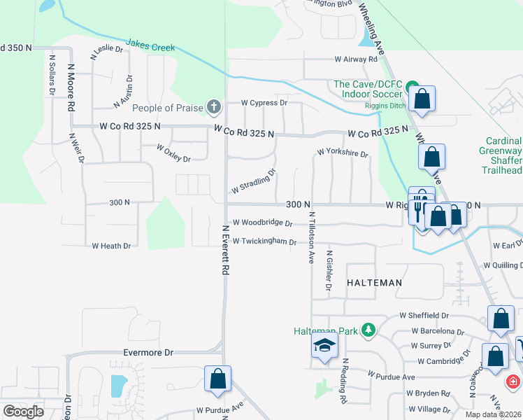 map of restaurants, bars, coffee shops, grocery stores, and more near 3012 West Woodbridge Drive in Muncie