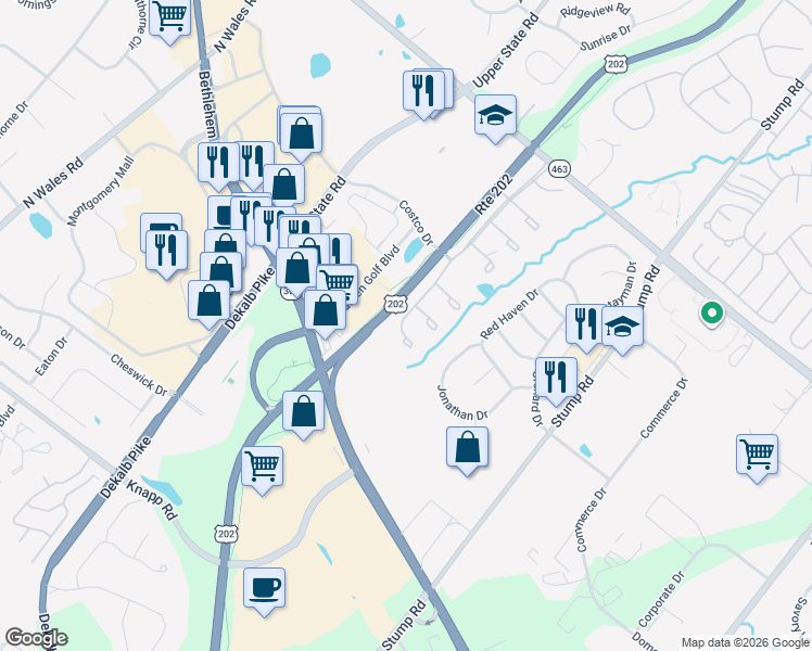 map of restaurants, bars, coffee shops, grocery stores, and more near 93 General Hanock Boulevard in North Wales