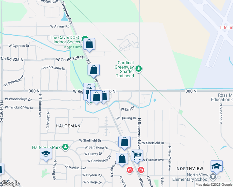 map of restaurants, bars, coffee shops, grocery stores, and more near 4800 North Hollywood Avenue in Muncie