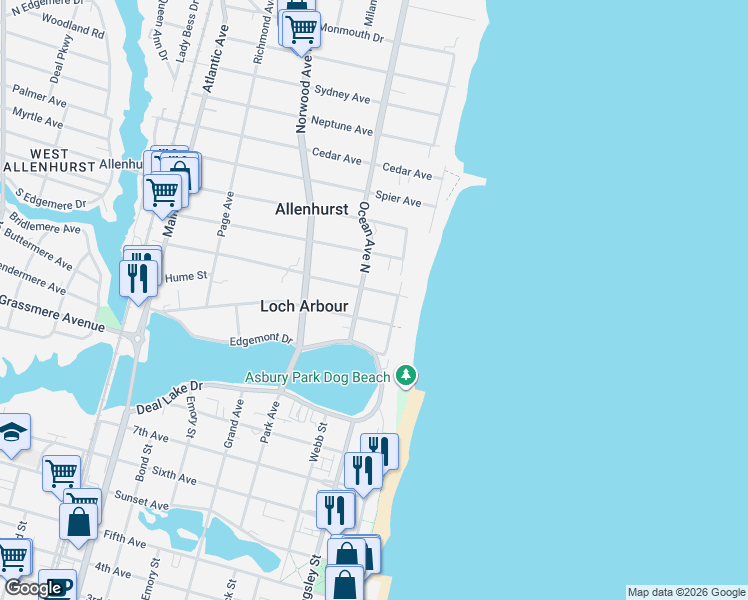 map of restaurants, bars, coffee shops, grocery stores, and more near 111 Euclid Avenue in Allenhurst