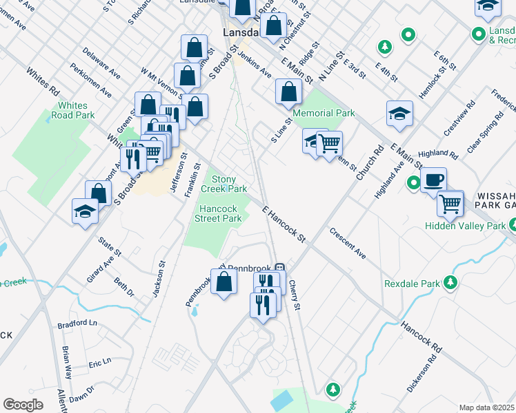 map of restaurants, bars, coffee shops, grocery stores, and more near 380 East Hancock Street in Lansdale