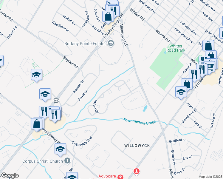 map of restaurants, bars, coffee shops, grocery stores, and more near 1183 Cobblestone Circle in Lansdale