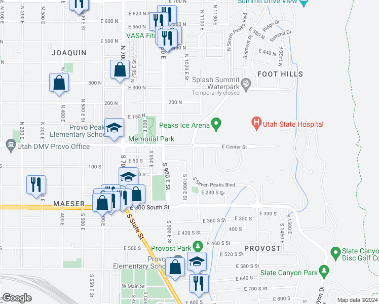 map of restaurants, bars, coffee shops, grocery stores, and more near 1020 E Center St in Provo