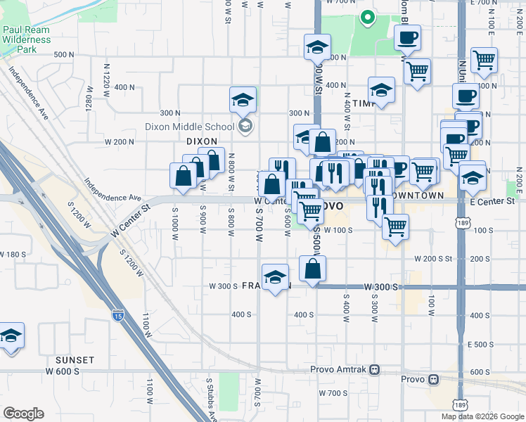 map of restaurants, bars, coffee shops, grocery stores, and more near 31 South 700 West in Provo