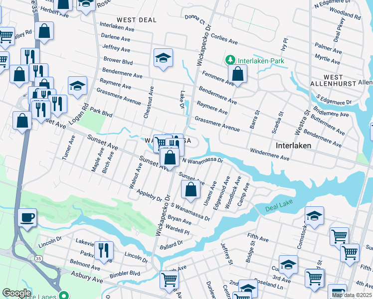 map of restaurants, bars, coffee shops, grocery stores, and more near 10 Deal Lake Point Road in Ocean Township
