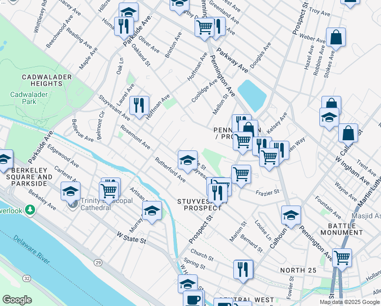 map of restaurants, bars, coffee shops, grocery stores, and more near 122 Exton Avenue in Trenton